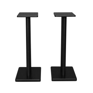 Pair of black metal speaker stands with square tops and square bases.
