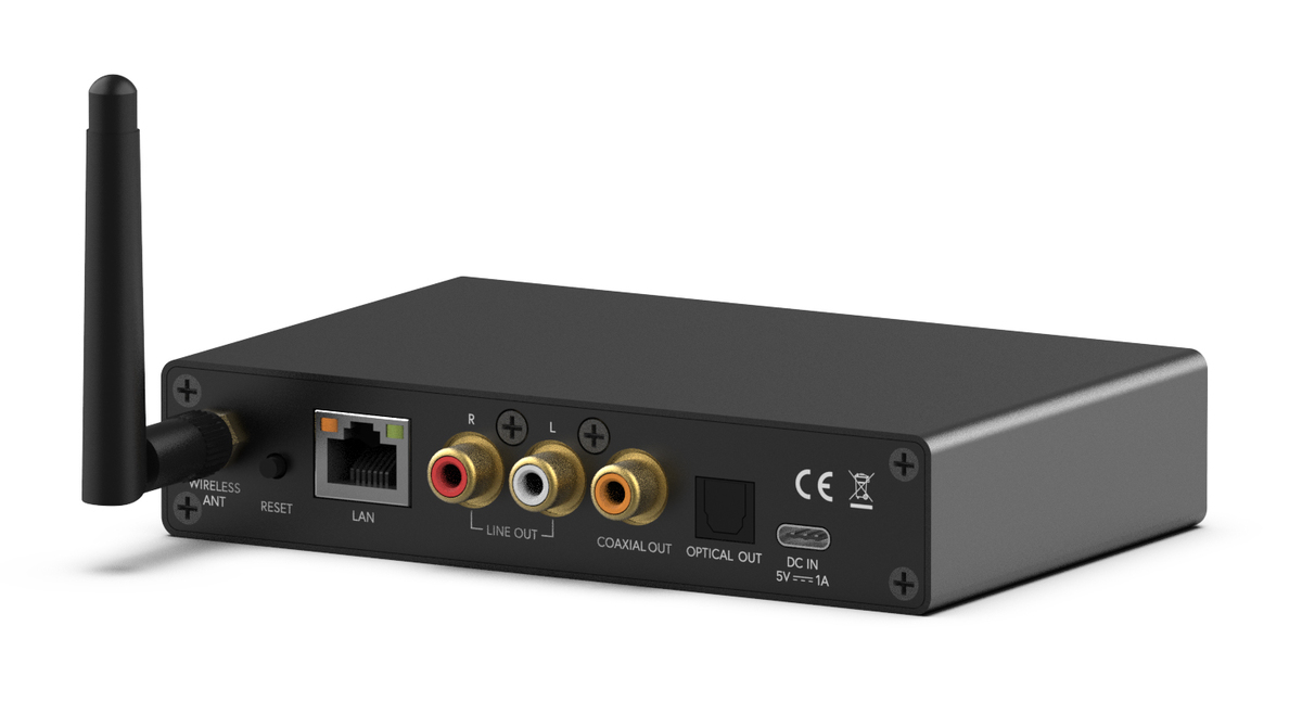 Taga Harmony Twa-10B Wireless Streaming Adapter Wireless audio streaming receiver with external antenna, lan port, rca line-out, coaxial and optical outputs, 5v dc input.