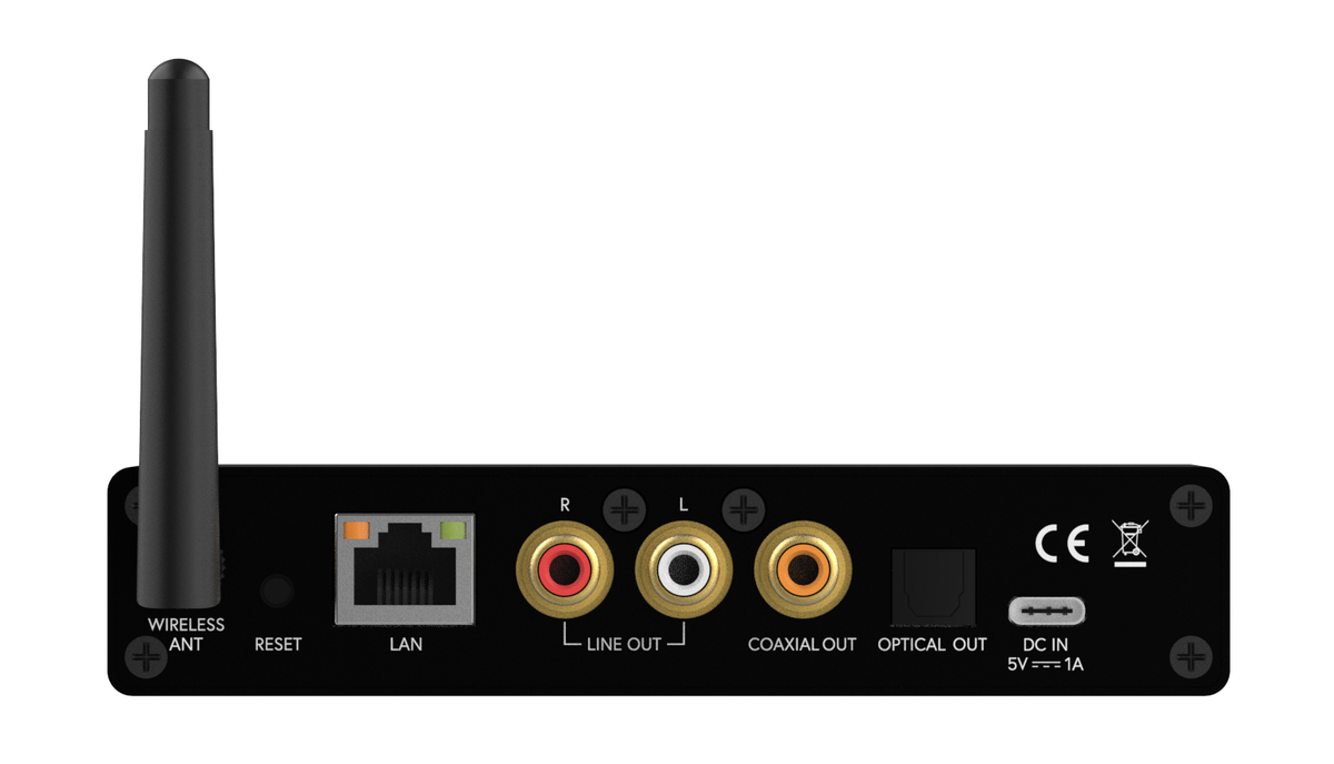 Taga Harmony Twa-10B Wireless Streaming Adapter Wireless network audio streamer with lan port, rca line-out, coaxial and optical outputs, and dc power input.