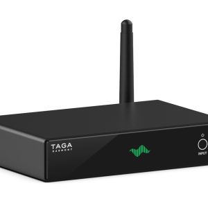 TAGA Harmony TWA-10B wireless audio transmitter with antenna, front-panel LED waveform, and input button.