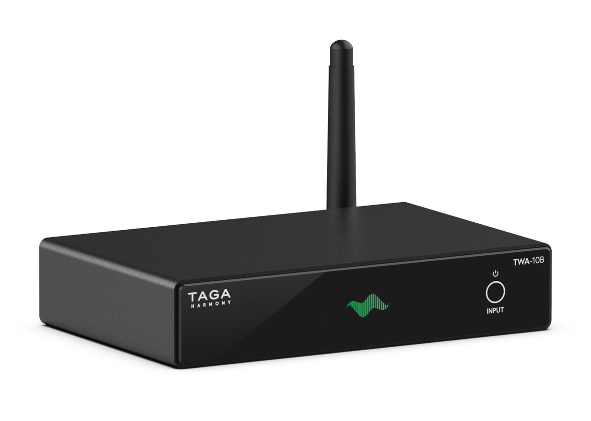 Taga Harmony Twa-10B Wireless Streaming Adapter Taga harmony twa-10b wireless audio transmitter with antenna, front-panel led waveform, and input button.
