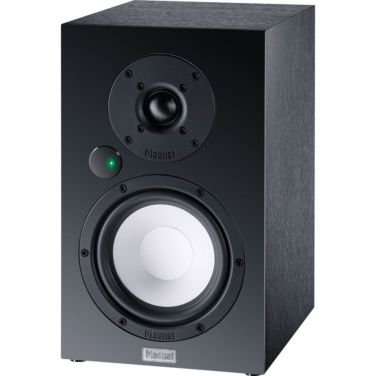 Magnat Multi Monitor 220 Bluetooth Speakers Magnat bookshelf speaker with a large woofer, smaller top driver, black front, and a green led indicator.