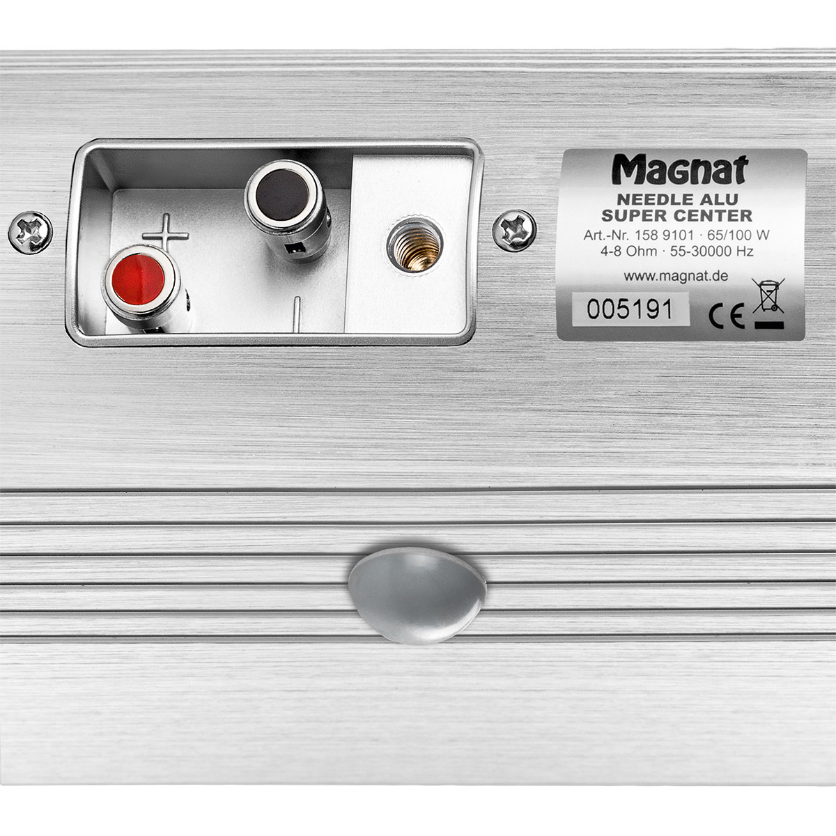 Magnat Needle Alu Super Centre Speaker Magnat needle alu super center speaker with red binding post and brushed aluminum enclosure.