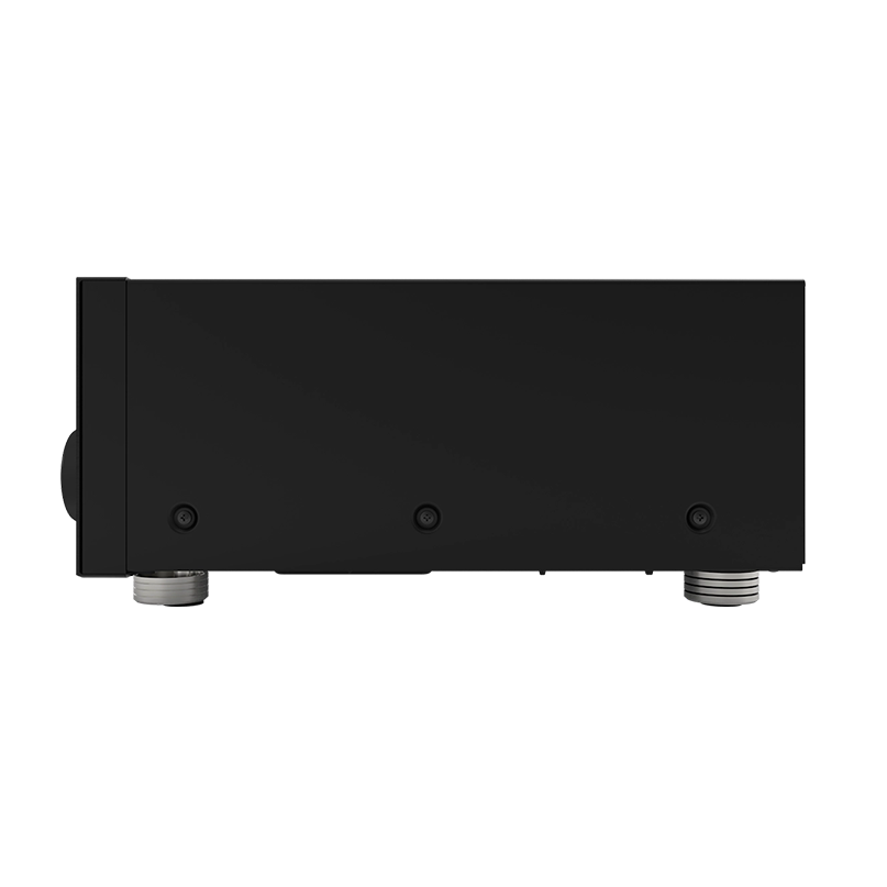Onkyo Tx-Rz70 Av Receiver Black rectangular audio amplifier chassis with silver threaded feet and visible screws along the bottom edge.