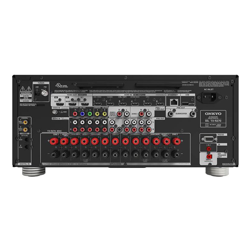 Onkyo Tx-Rz70 Av Receiver Onkyo tx-rz70 av receiver rear panel with hdmi, rca inputs, and numerous speaker terminals.