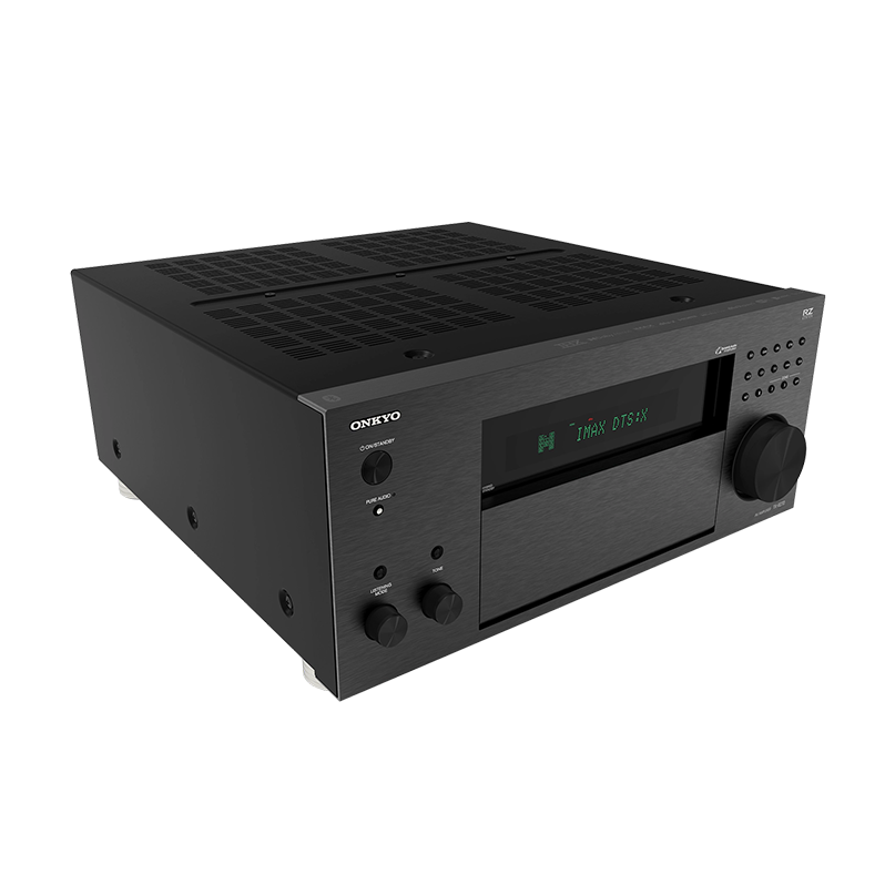 Onkyo Tx-Rz70 Av Receiver Onkyo av receiver with front-loading disc drive, green display showing imax dts:x, multiple knobs and a large right-side volume control.