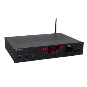 TAGA Harmony integrated amplifier with red display, large volume knob, headphone jack, and antenna.