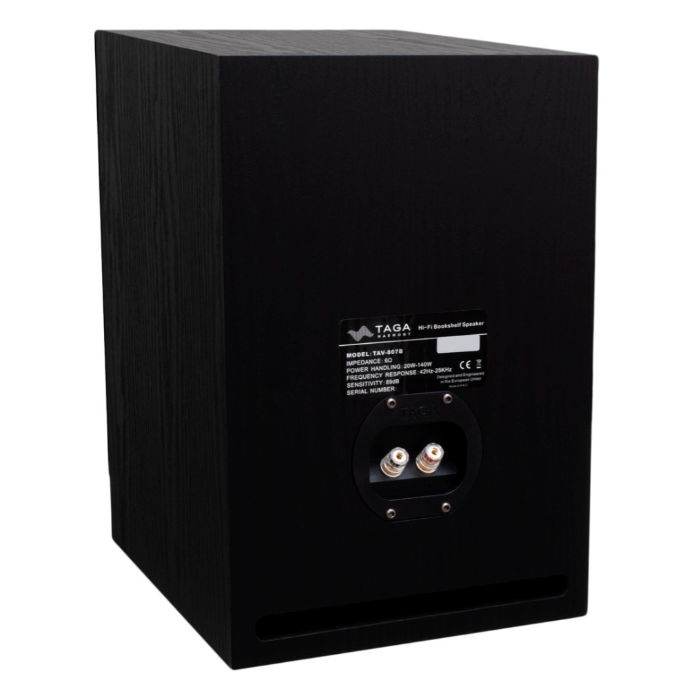 Taga Harmony Tav-807B Bookshelf Speakers Taga harmony black wood bookshelf speaker, model tav-807b, rear dual binding posts and bass port.