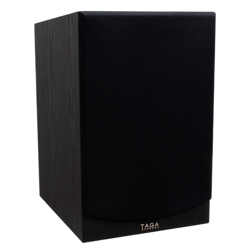 Taga Harmony Tav-807B Bookshelf Speakers Taga harmony bookshelf speaker with a black fabric grille and dark wood veneer cabinet.