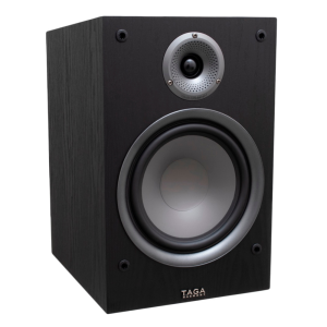 Taga Harmony bookshelf speaker in black wood finish with silver woofer and small circular tweeter.