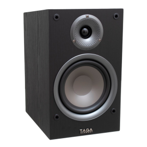 TAGA Harmony bookshelf speaker with a circular tweeter and large silver woofer in a black wood cabinet