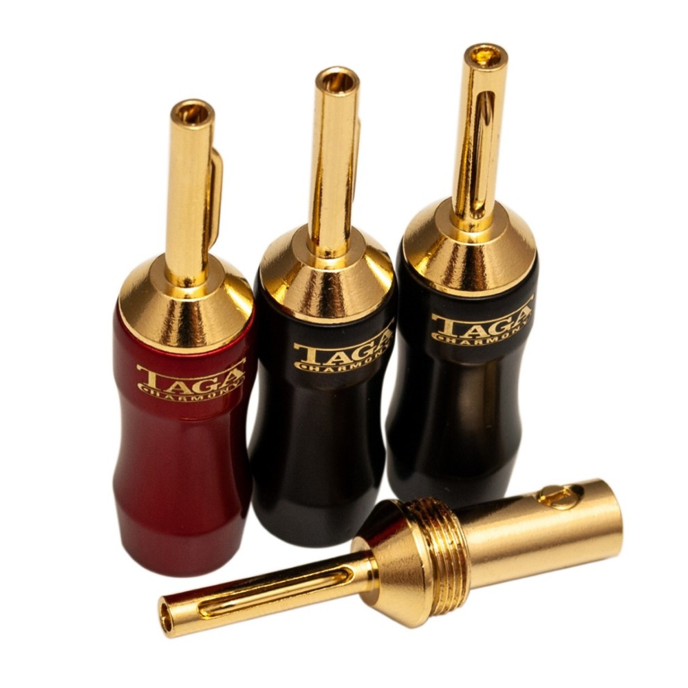 Taga Harmony Tcb-008 Banana Plugs Gold-plated banana plug speaker connectors with red and black insulated housings.