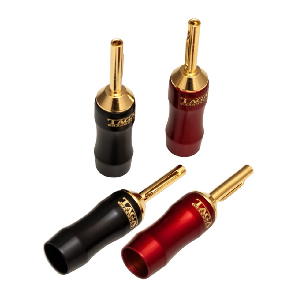 Taga Harmony Tcb-008 Banana Plugs Four gold-plated banana plug connectors with black and red plastic housings for speaker wire connections.