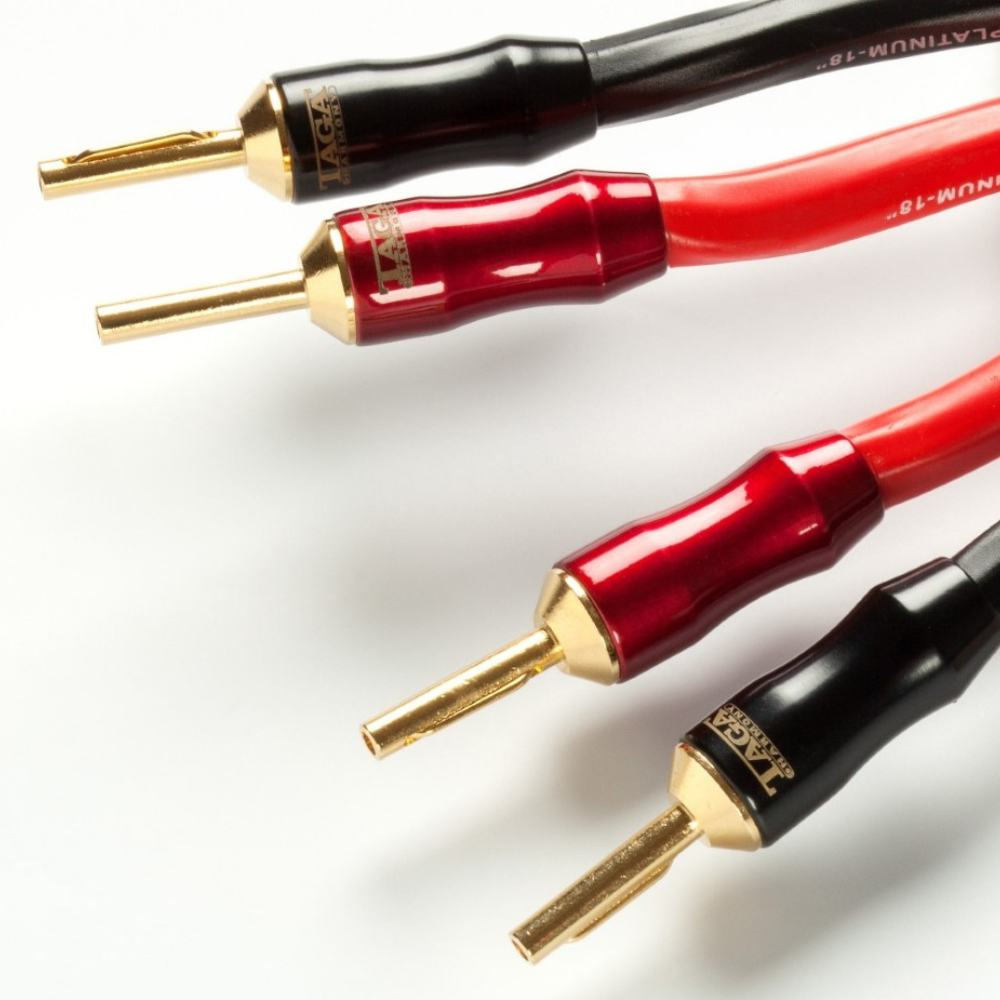 Taga Harmony Tcb-008 Banana Plugs Gold-plated banana plug speaker connectors on red and black cables.