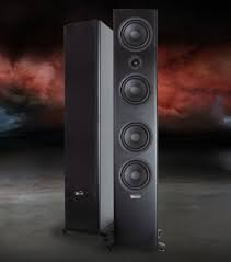 Richter Excalibur S6Se Floor Standing Speaker Pair of tall black floor-standing speakers with multiple round drivers and silver side panels.