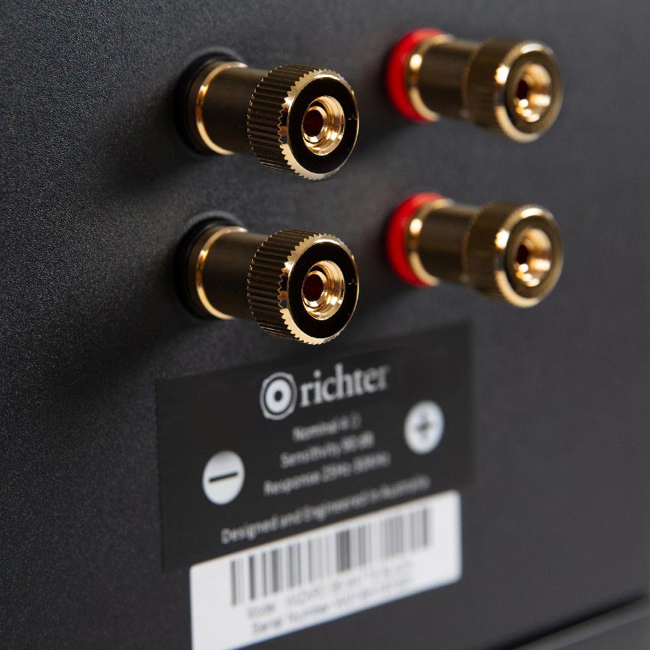 Richter Excalibur S6Se Floor Standing Speaker Richter audio equipment back panel with gold-plated binding posts and red and black terminals.