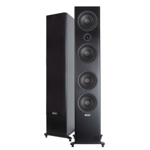 Pair of black floorstanding loudspeakers with four large drivers and a central midrange, standing on adjustable feet.