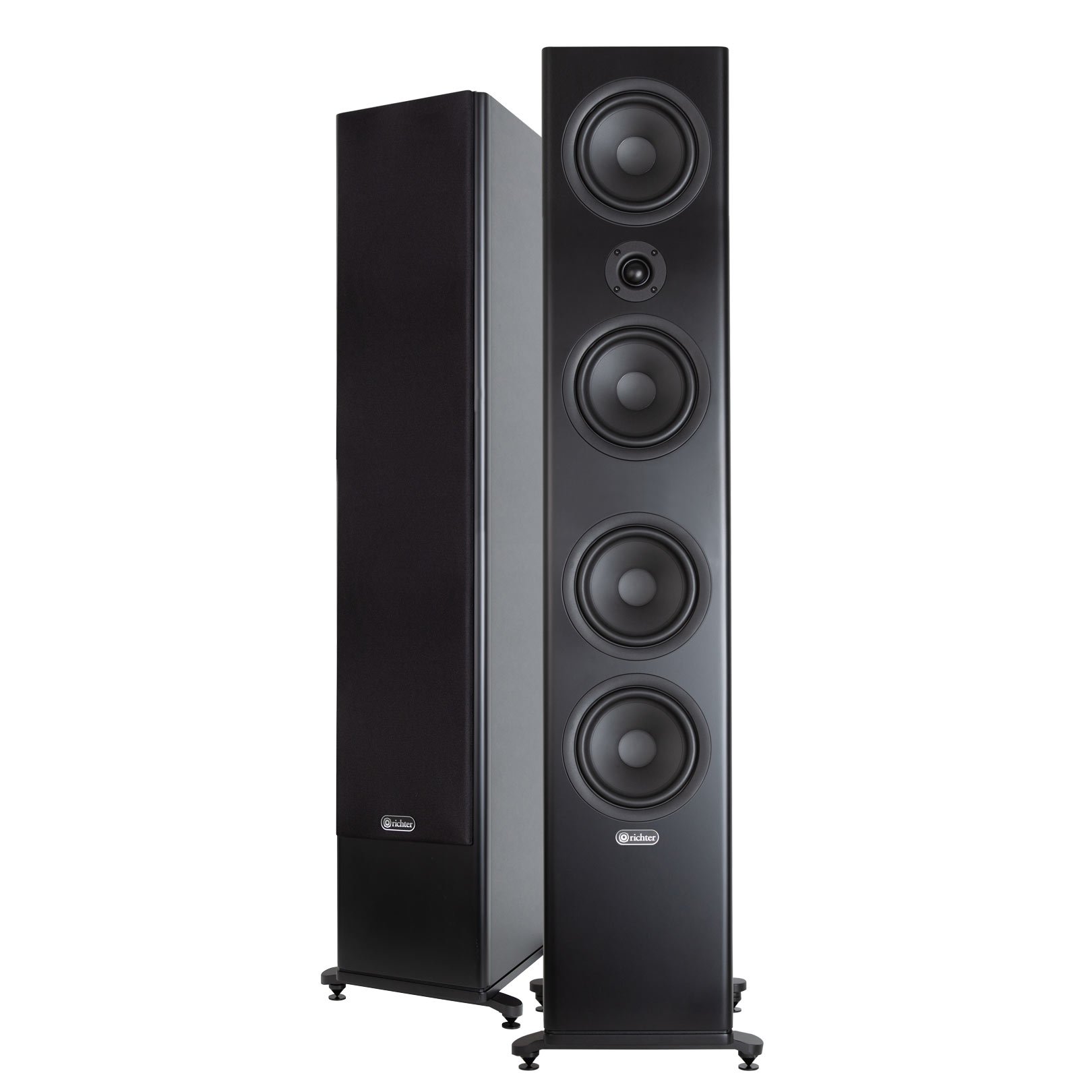 Richter Excalibur S6Se Floor Standing Speaker Pair of black floorstanding loudspeakers with four large drivers and a central midrange, standing on adjustable feet.