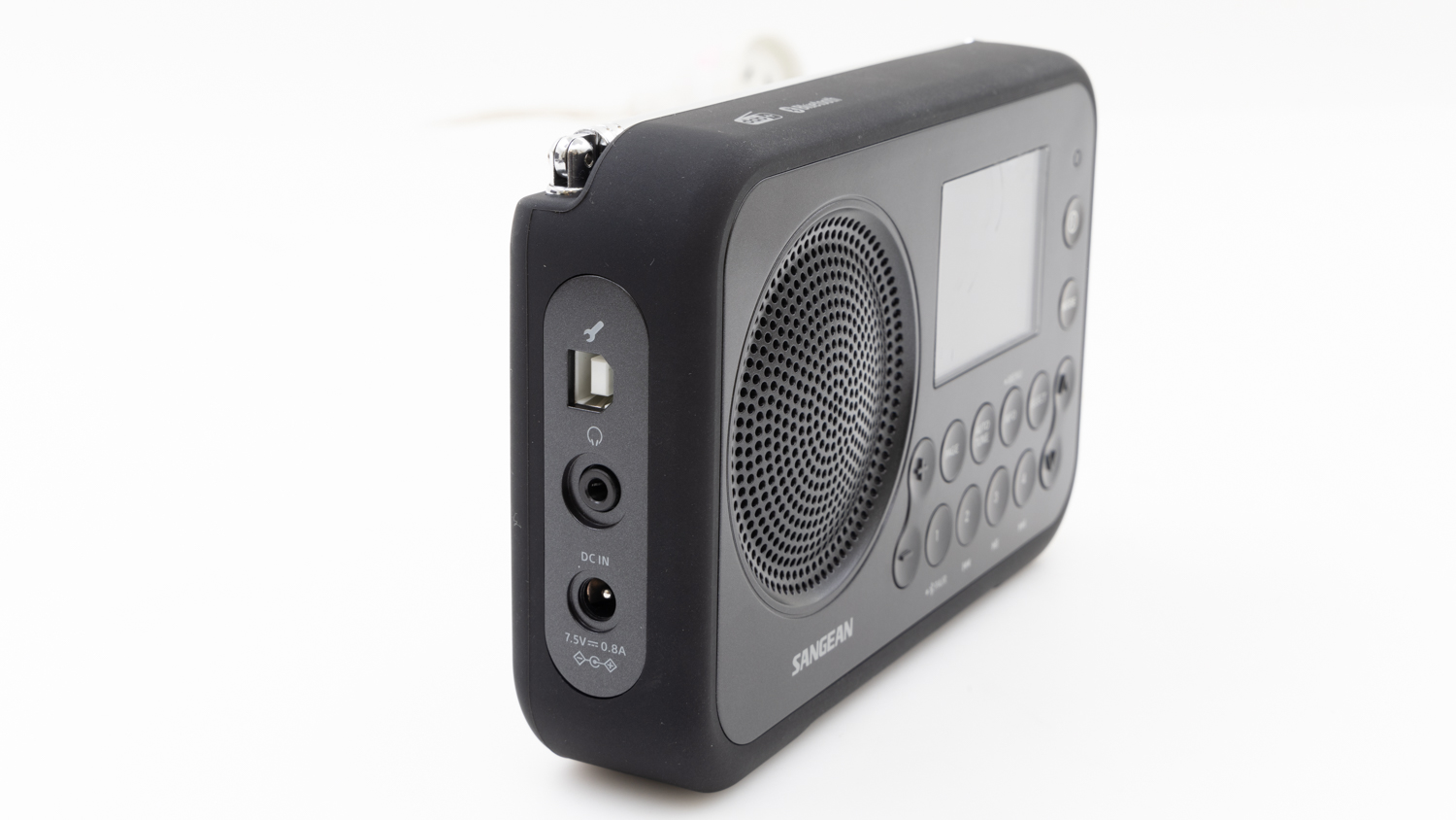 Sangean Dpr-76Btmb Dab+ / Fm-Rds / Bluetooth Digital Radio Sangean portable radio with large speaker grille, lcd display, usb port, and dc input.