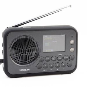 Sangean portable DAB radio with large round speaker, color LCD, keypad, and extendable telescoping antenna.