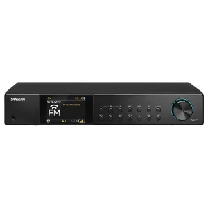 Sangean black stereo receiver with FM display, row of buttons, and a blue-ringed large volume knob.