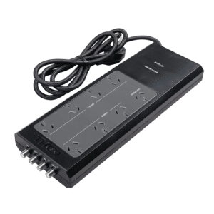 Black power strip with six outlets and a long braided cord.