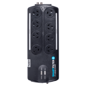 THOR power strip with six grounded outlets, vertical black design featuring Smart Filter 8 branding.
