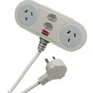 White power strip with two circular outlets, two central switches, and a connected power plug.