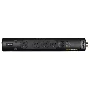THOR SmartProtect 6 surge protector power strip with six outlets, power and earth-detect indicators on a black rectangular case.