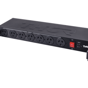 THOR rackmount power distribution unit with six 3-prong outlets and a red on/off switch.