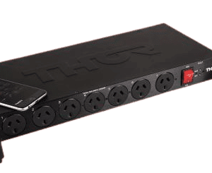 Rack-mounted power distribution unit with eight Schuko outlets, black enclosure, red power switch, metal mounting brackets; smartphone rests on top.