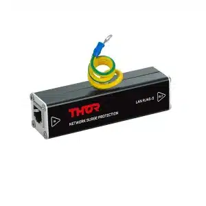 THOR network surge protector for LAN RJ45-S, rectangular module with IN and OUT RJ45 ports and a yellow grounding coil