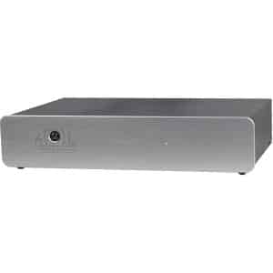 AVAL Electronique AV100 power amplifier with brushed aluminum front panel and green status LED.