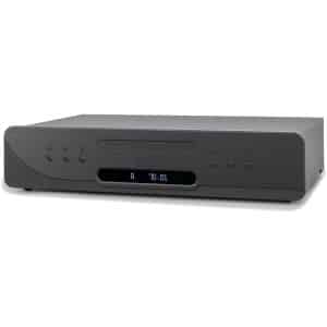 Gray CD player with front-loading disc slot, digital display, and front-panel control buttons.