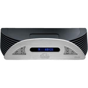 AZOL CD400 CD player with brushed aluminum front, blue LED display, and triangular control panels.