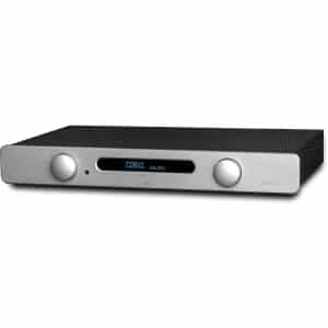 Brushed aluminum DAC with coax input indicator and two large front knobs on a black chassis.