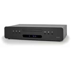 DR100 CD player with slot-loading drive, blue display, and front-panel playback controls.