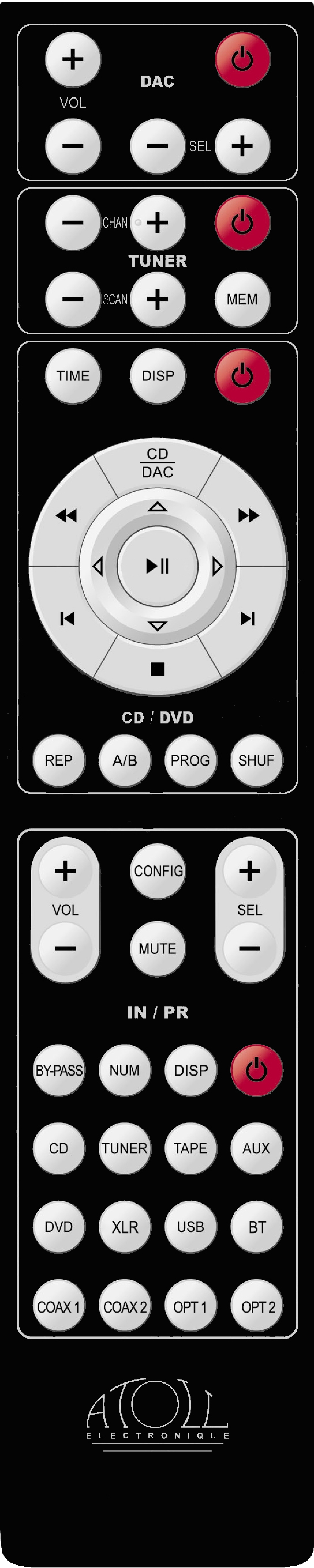 Atoll Electronique Hd100 Atol electronique remote control with dac, tuner, cd/dvd sections, circular navigation pad, numerous labeled buttons.