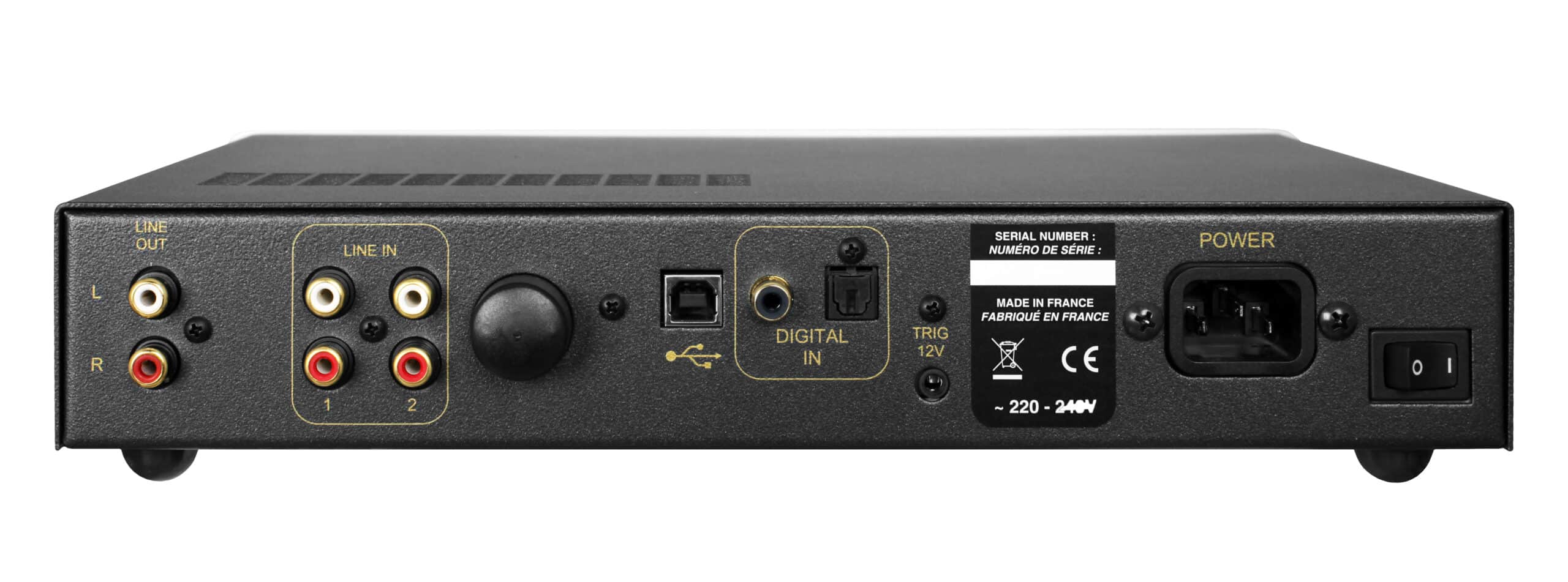 Atoll Electronique Hd120 French-made audio preamplifier with line in/out, digital input, 12v trigger, and power iec inlet.