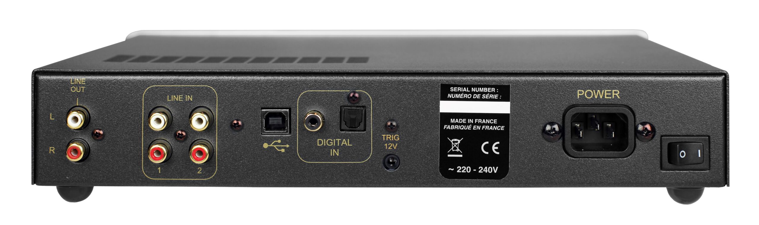 Atoll Electronique Hd100 Rear panel of an audio amplifier with line out, line-in rca jacks, usb, digital in, 12v trigger, power switch.