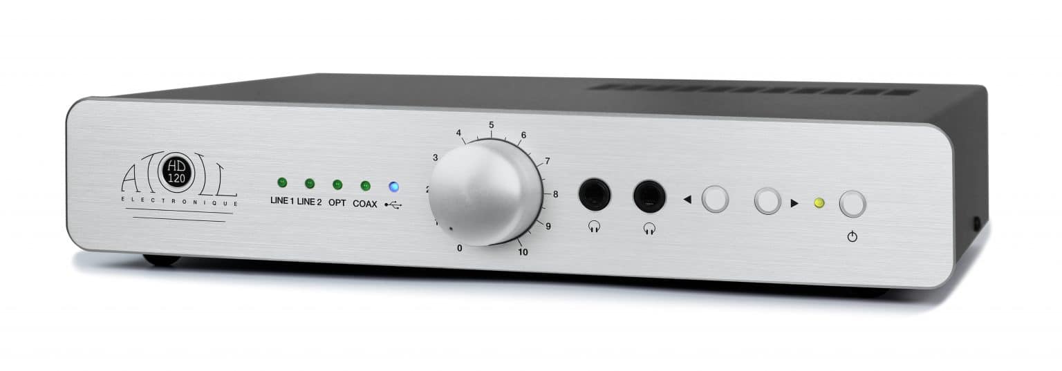 Atoll Electronique Hd100 Aural electronique hd120 headphone amplifier with large silver volume knob, led indicators, two headphone jacks, and front controls.