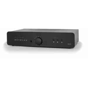 IN100 integrated stereo amplifier with large center volume knob and labeled input selectors on a black front panel