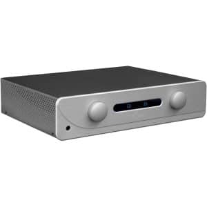 Silver stereo integrated amplifier with two front knobs, slim display showing CD and 21, perforated side panels.