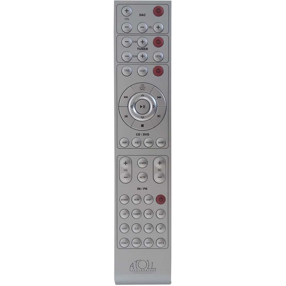 Atoll Electronique In400Se Atoll remote control for av system, silver-gray with circular navigation wheel and multiple labeled buttons.