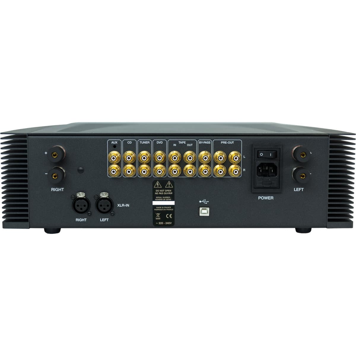 Atoll Electronique In400Se Back view of a black stereo audio preamplifier with rca and xlr inputs, speaker binding posts, and power connector.