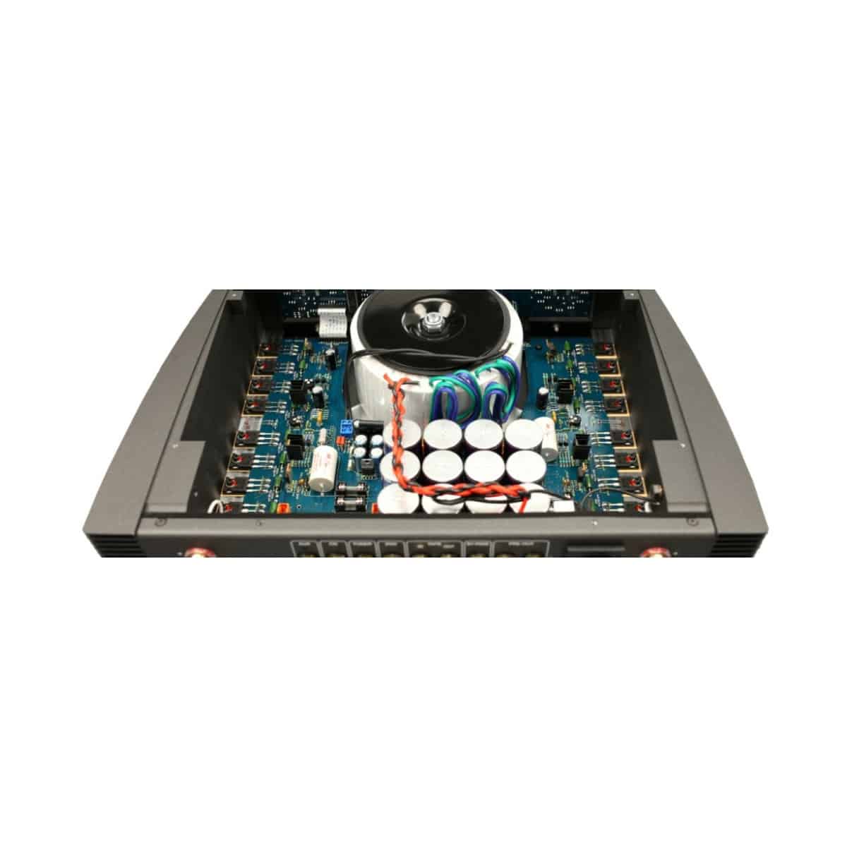Atoll Electronique In400Se Open rack-mount power amplifier chassis showing a large circular transformer, blue circuit boards, and white capacitors.