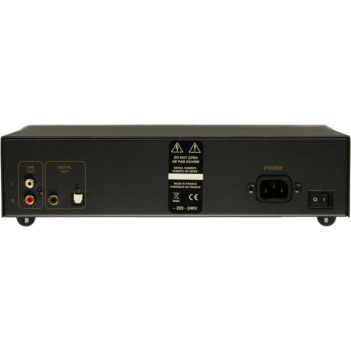 Atoll Electronique Md100 Rear view of a black audio rack unit with iec power inlet, switch, and l/r line-out plus digital-out ports.
