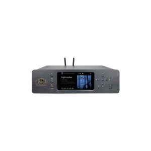 Atoll MS120 multimedia server with front LCD, metallic gray chassis, and two antennas.