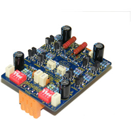 Blue control circuit board with electrolytic capacitors, various connectors, and an orange terminal block.