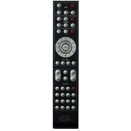 Tall black universal remote control with numerous silver buttons and a circular navigation dial.